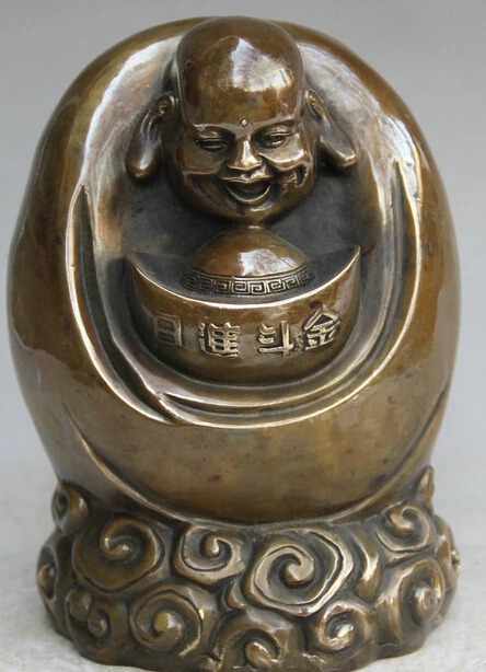 

JP S0524 10" Chinese Buddhism Copper Stand Yuan Bao Happy Laugh Maitreya Buddha Statue (B0328)