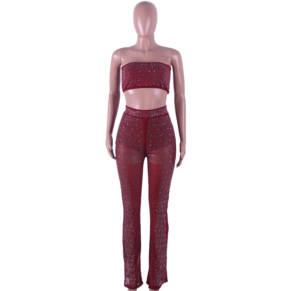 Two Pieces Set Sexy Rompers Women Bodycon Jumpsuit Sheer Mesh Diamonds Rhinestone Off Shoulder Skinny Club Bodysuit Overalls