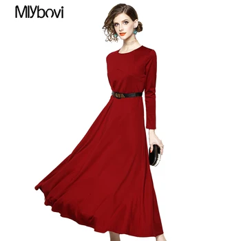 

Women Vintage Red A Line Dress Ladies Long Dress Office Women Dress 2018 Autumn Vestidos with Belt Women Elegant Party Dress
