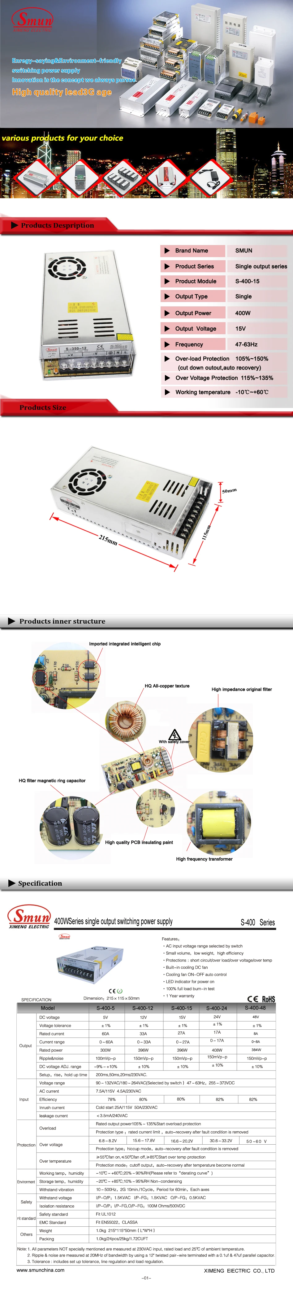 única, 400w, 15vdc, 27a, com ce rohs, fábrica chinesa de luz