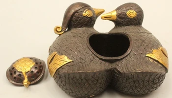 

Chinese Bronze Gild Love Mandarin Duck Bird Lotus Flower Incense Burner Censer