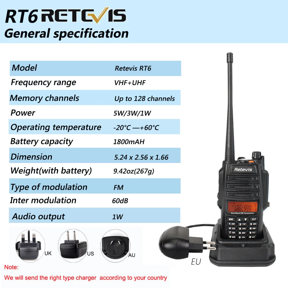 2pcs IP67 Waterproof ANTI DUST Walkie Talkie Retevis RT6 Dual Band 5 3 1W VHF UHF 5