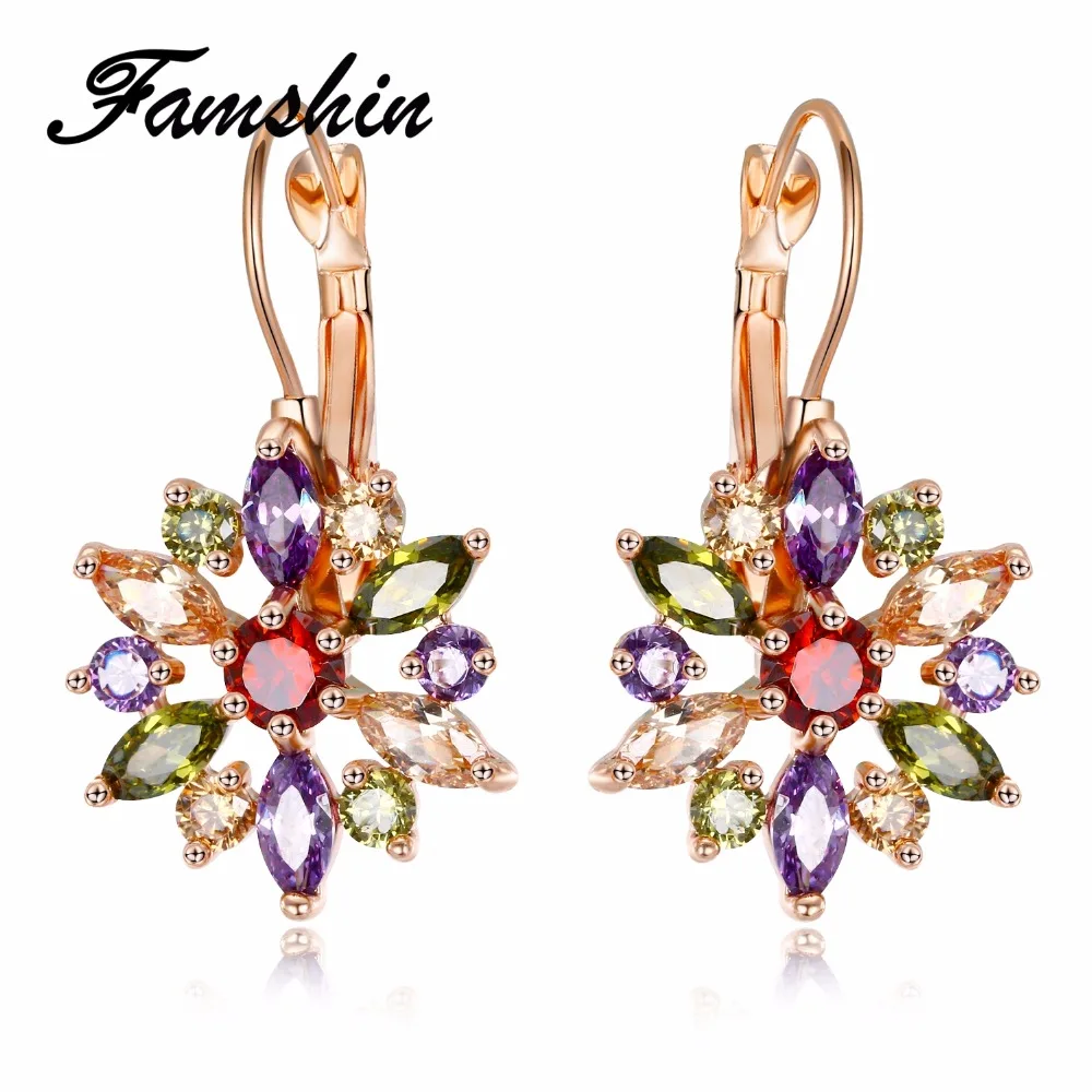 

FAMSHIN Brand 3 Colors Luxury Gold Color Flower Stud Earrings with Zircon Stone Women Birthday Gift Bijouterie