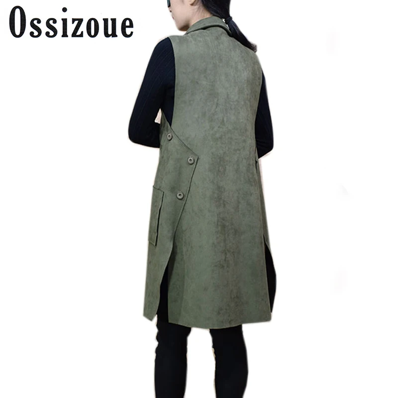 2017 New Casual Side Buttons Split Faux Suede Women Long Vest Coat Female Solid Pockets Soft Open Stitch Colete feminino Tops