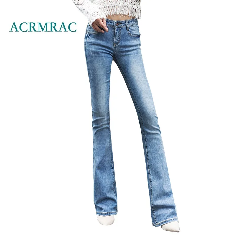 

ACRMRAC Women's jeans New 2018 Spring and autumn Slim Solid color Middle waist Skinny Flare Pants Full Length jeans Women