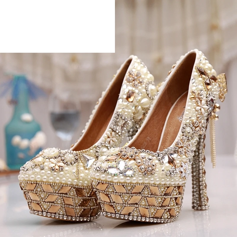 

2018 Luxurious Design Ivory Color Wedding Shoes Imitation Pearl Super High Heel Special Event Ceremony Pumps For Mom Prom