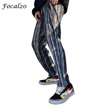 

Focal20 Harajuku Stripe Hit Color Women Pants Contrast Color Pocket Elastic Waist Long Harem Pants Casual Trousers Streetwear
