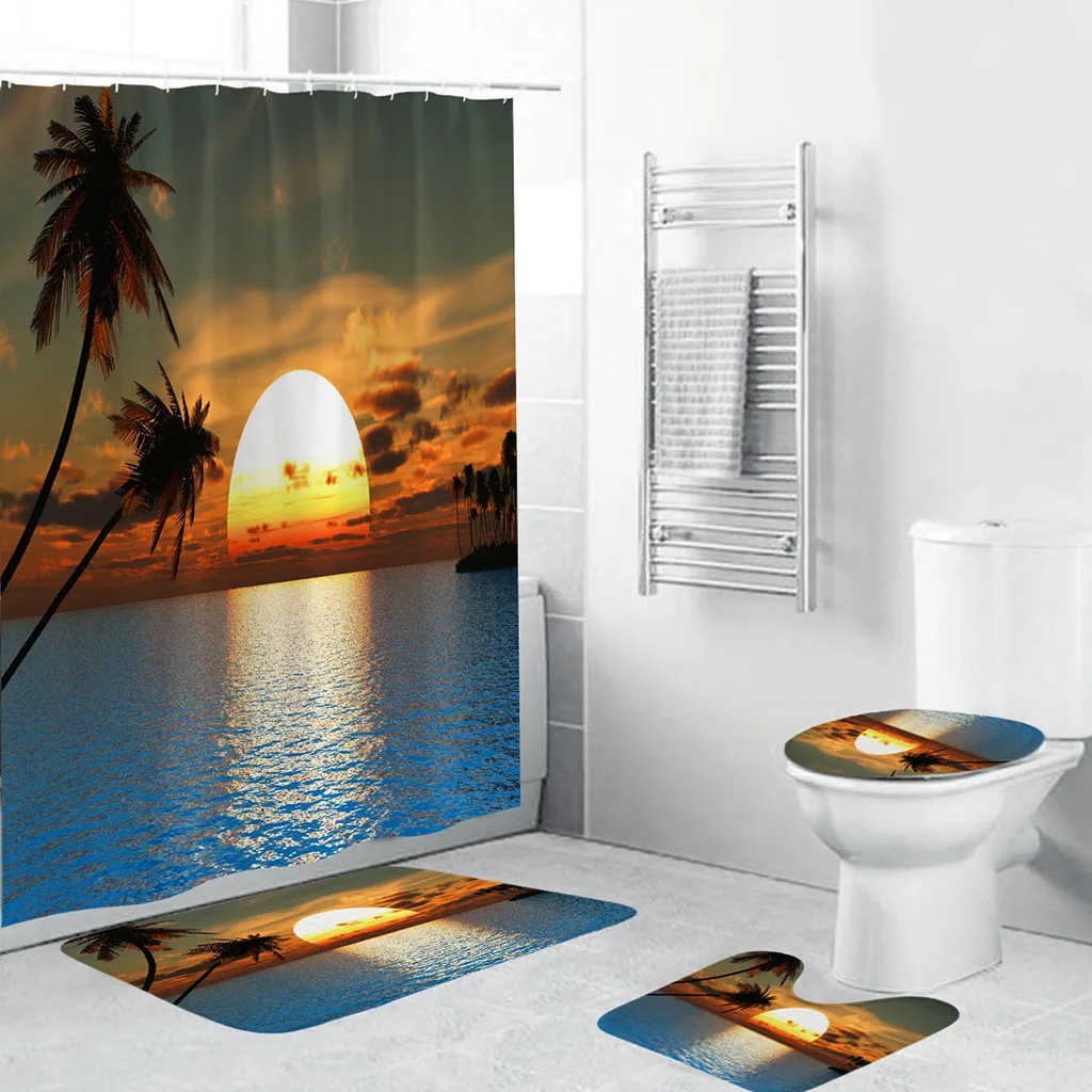 

4PCS Non Slip Toilet Polyester Cover Mat Set Shower Curtain Pedestal Toilet Seat Mat+Lid+Bath Mat Anti Slip Bath Cover Carpet L
