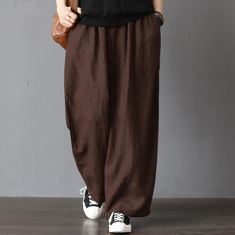

New Fashion Cotton Linen Wide Leg Pants Women Elastic Waist Pants Plus Size Wide Leg Trousers Women Original Oversized Pants