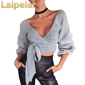 

Laipelar Sexy V Neck Wraped Knitted Sweater Women Autumn Winter Casual Lantern Sleeve Sweater Jumper Cardigans Cropped Sweaters