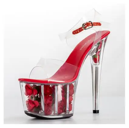 Г. Босоножки женская обувь платформа тонкий каблук ультра высокий каблук 17 см цветы прозрачный кристалл сандалии женская свадебная обувь - Цвет: Коричневый