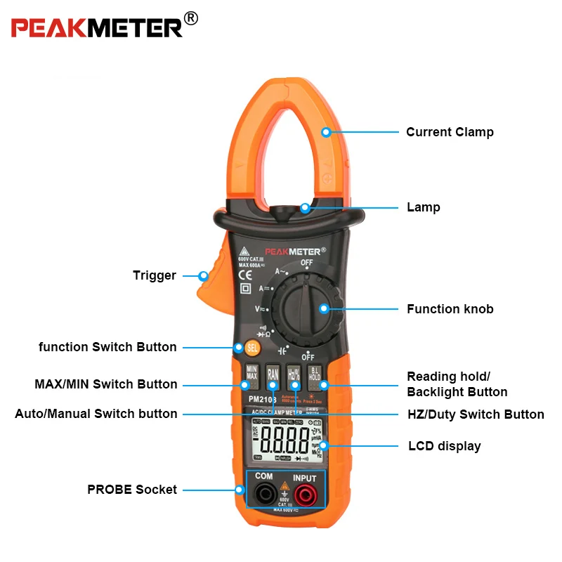 Цифровой клещи Peakmeter PM2108 6600 отсчетов авто и ручной диапазон AC/DC мини мультиметр AC