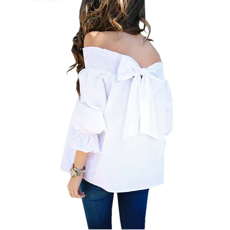 

2017 Women Autumn Fashion Shirts Three Quarter Bow White Slash Neck Off Shoulder Tops Sexy Puff Sleeve Blouses