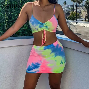 

Sampic Backless Two Piece Set Sleeveless Crop Top Sexy Club Summer Women Two Piece Outfits High Waist Skirt Set Tie-Dye festival