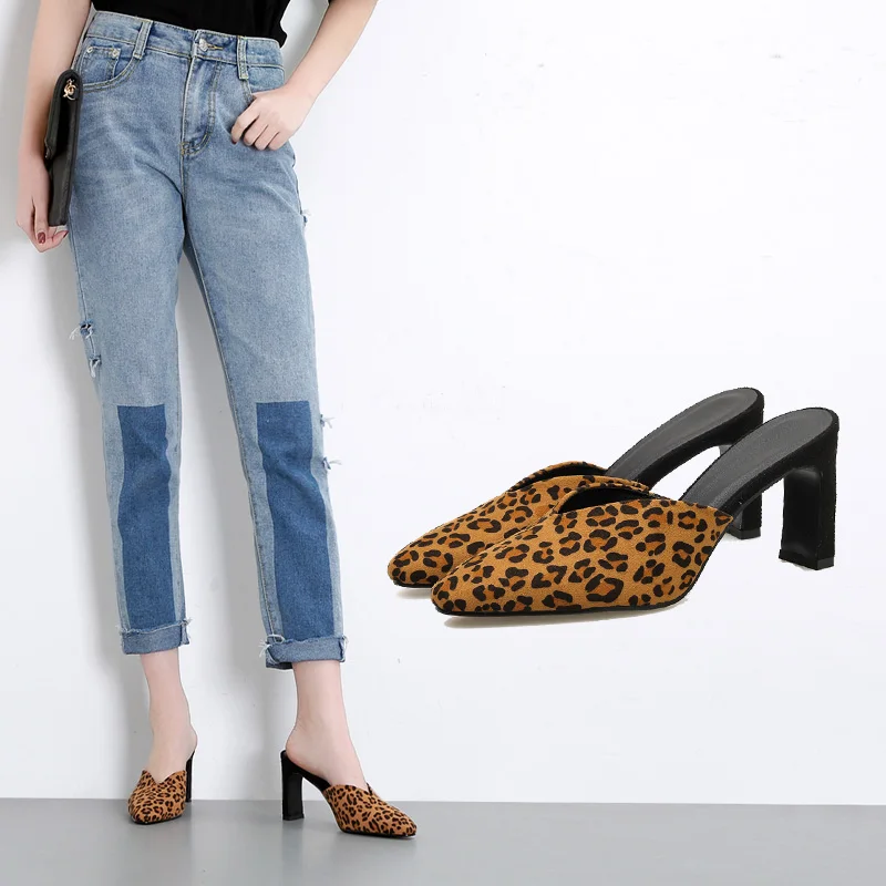 

Women Leopard Mules suede High heels Slippers shallow square toe Shoes fashion slip on Slides chunky heel Pumps high quality