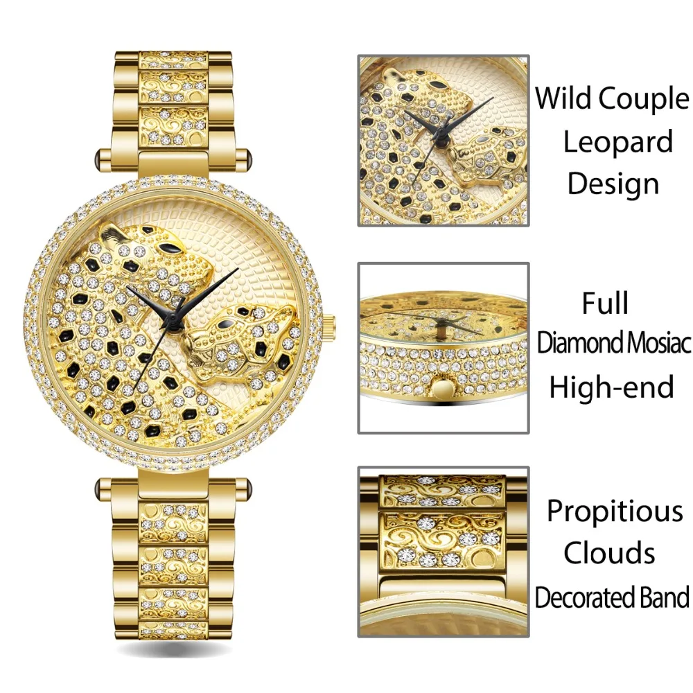 Женские кварцевые часы Role Leopard повседневные золотые с кристаллами и стразами MK