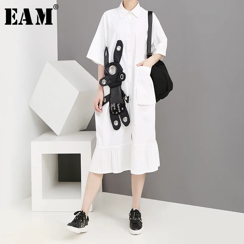 

[EAM] 2019 New Spring Summer Lapel Three-quarter Sleeve White Loose Pocket Loose Big Size Shirt Dress Women Fashion Tide JW784