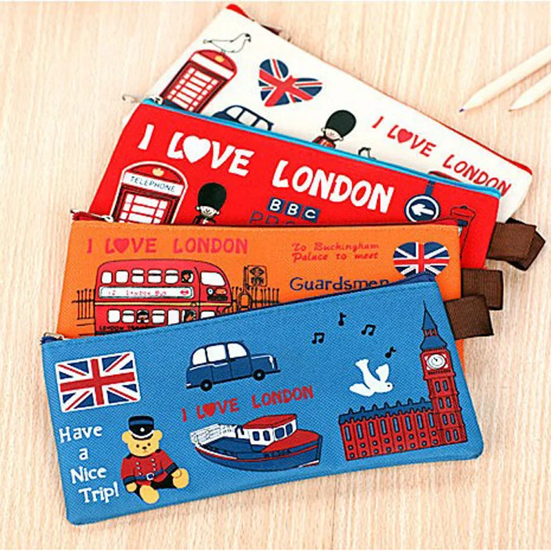 

1Pcs New Cute British London Bus Soldier Head Oxford School Stationery Student Pencil Bag Storage Zipper Case E0027