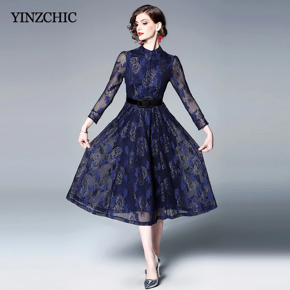 

Womans Vintage Lace Dress Spring New Female A-line Dress Stand Collar Hollow-out Laces Party Dress for Woman Mid Lace Dress