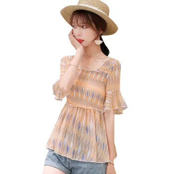 

2019 New Summer blouse women Short Sleeve Slim Chiffon A Fairy Western Style blusas womens tops and blouses Green Yellow 8712