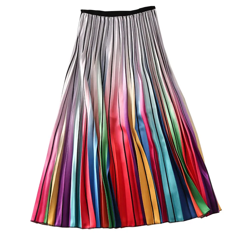 Kopen CR Vrouw Hoge Taille Plooirok Lente Zomer Regenboog Rokken Lady Elastische Taille EEN Lijn Midi Rok Mid Calf Lange rokken