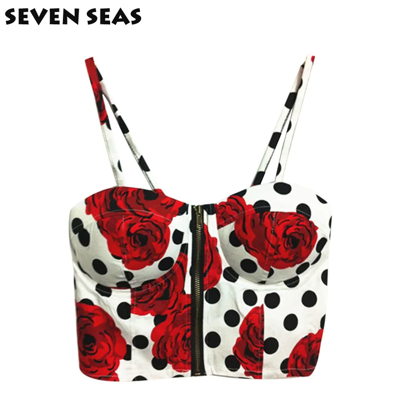 

New Polka Dot Rose Printed Vintage Strappy Bustier Crop Top Spaghetti Strap Night Club Camisole Cropped Bralette top (with pad)