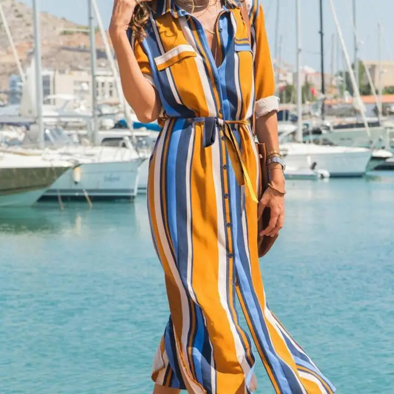 

Beachwear Tunic For The Beach Sarongs Coverup Cover Ups Dress Women's Outings 2019 Women Streaked Shirts Forked Dresses Print