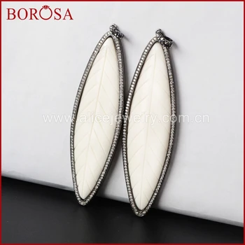 

BOROSA Black Color Natural White Bone Carved Leaf Pendant Bead Paved Zircon WX080