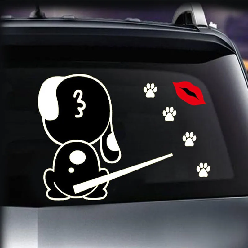 Reflektif Kartun Lucu Ciuman Anjing Bergerak Ekor Stiker Mobil