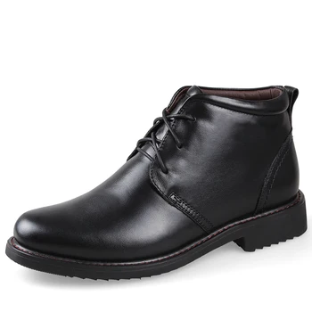 

men's fashion large size winter warm short plush snow ankle boots cow leather platform fur shoes lace-up business formal dresses