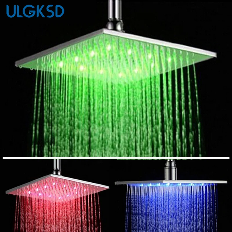 Chrom 16/" LED Quadratischer Duschkopf Deckenmontage Wandmontage Regenduschkopf