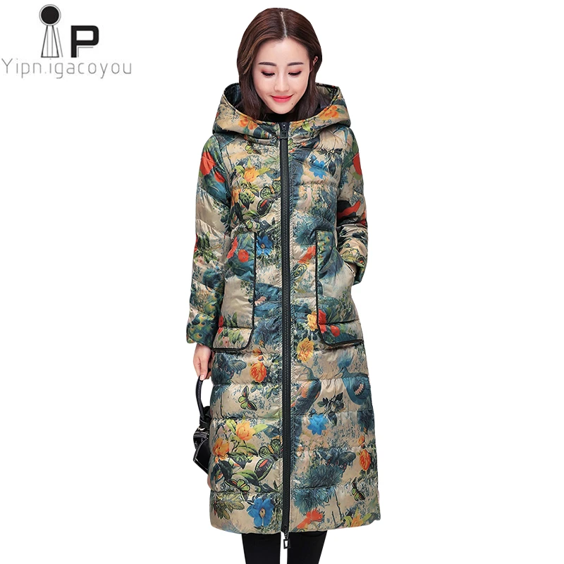 

Autumn Duck Down Coat Long Women Hooded Winter Plus Size Print Down Jacket Korean Thick Warm Coats Fashion Women Down Parka 4XL