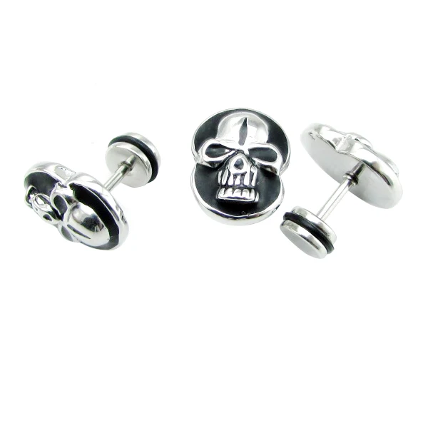 2016 New 316L Stainless Steel Fashion Black Silver Mens Skull Head Biker Stud Earrings Punk