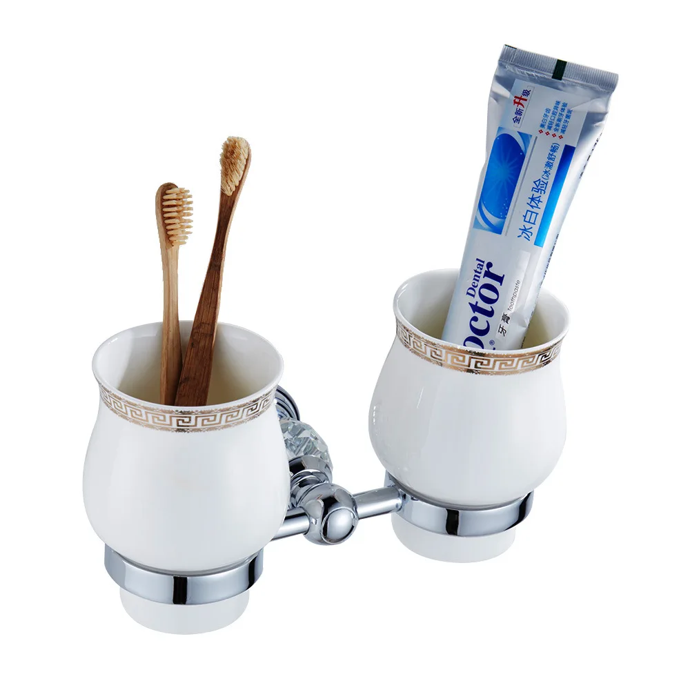 Лейден цинковый сплав и кристалл зубная щетка зуб держатель для стакана хромированный двойной подстаканник стеклянные чашки настенное крепление аксессуары для ванной комнаты - Цвет: Double Toothbrush Ho