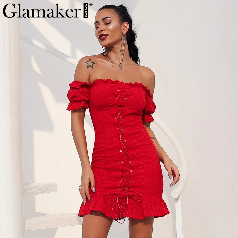 

Glamaker Red ruffle dot winter dress Women off shoulder lace up beach bodycon short dress Female mini dress autumn vestidos 2018