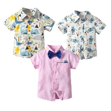 Базовая рубашка с короткими рукавами для мальчиков летние повседневные топы на пуговицах с отложным воротником и принтом героев мультфильмов, рубашки для малышей, одежда для мальчиков