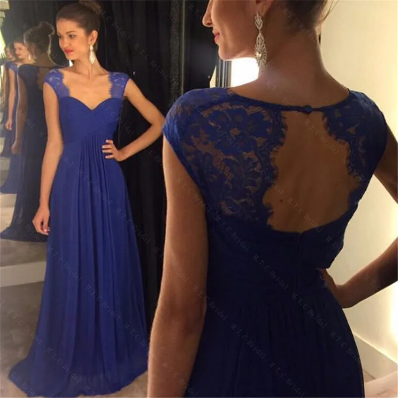 

Elegant Long Royal Blue Dress Evening 2019 Hot Selling Backless A Line Floor Length Chiffon Lace Prom Formal Dresses Cheap