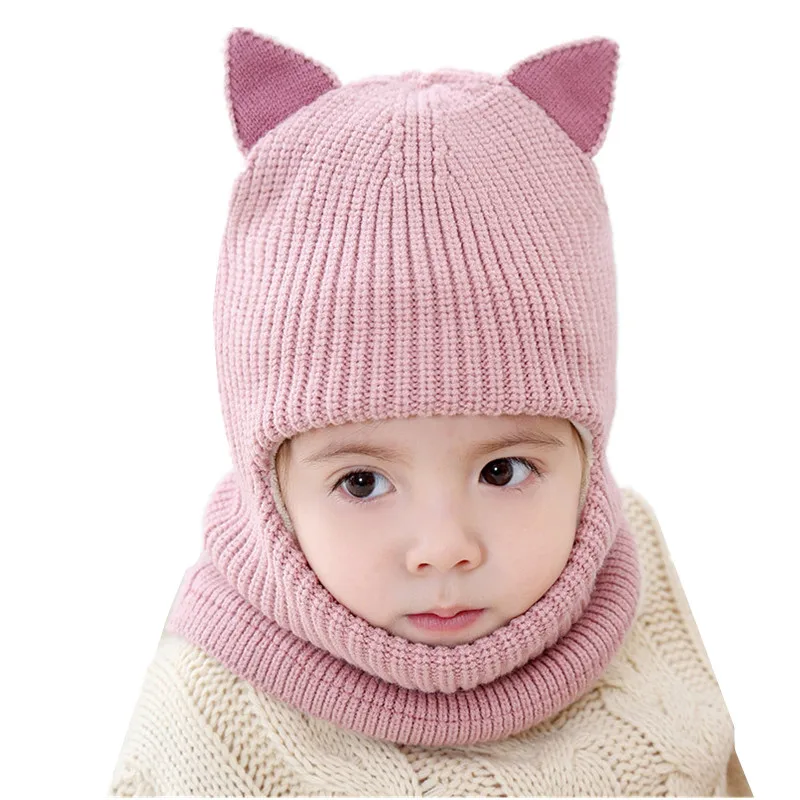 Новая детская шапка с кошачьими ушками, детские вязаные шапочки, шарф, Зимняя Теплая Бархатная шапка для мальчиков и девочек, шарф, уличная ветрозащитная для детей