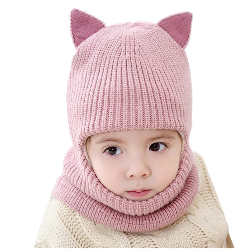 New Baby Hat with Cat Ear Children Knitted Hats Scarf Winter Boys Girls Warm Plus Velvet Hat