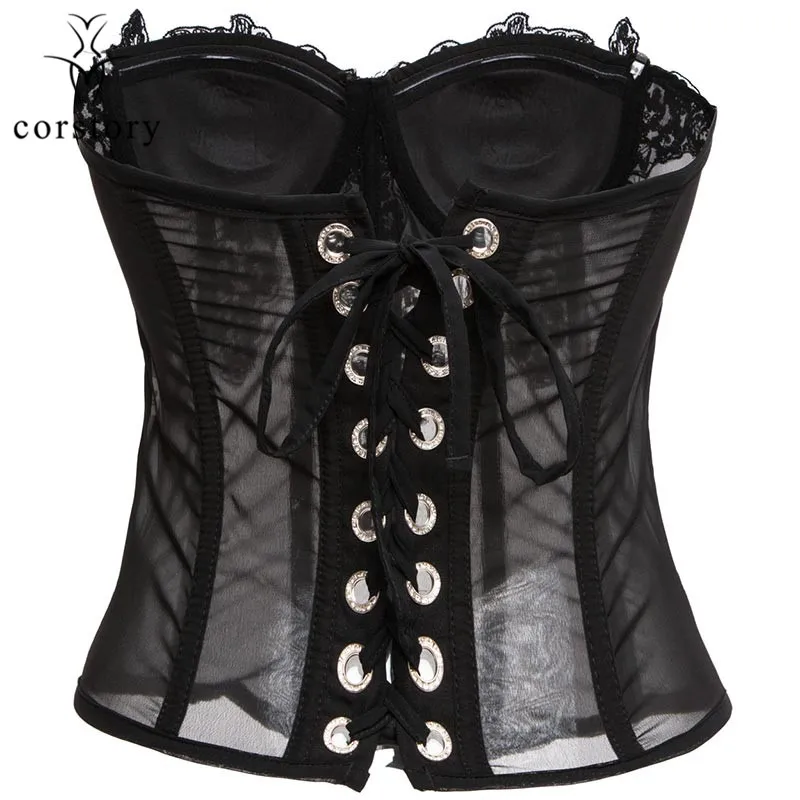 Corstory Pink Floral Applique Push Up Corset & Bustier Lace Overbust Waist Trainer Sexy Chiffon Lingerie Gothic Steampunk Shaper