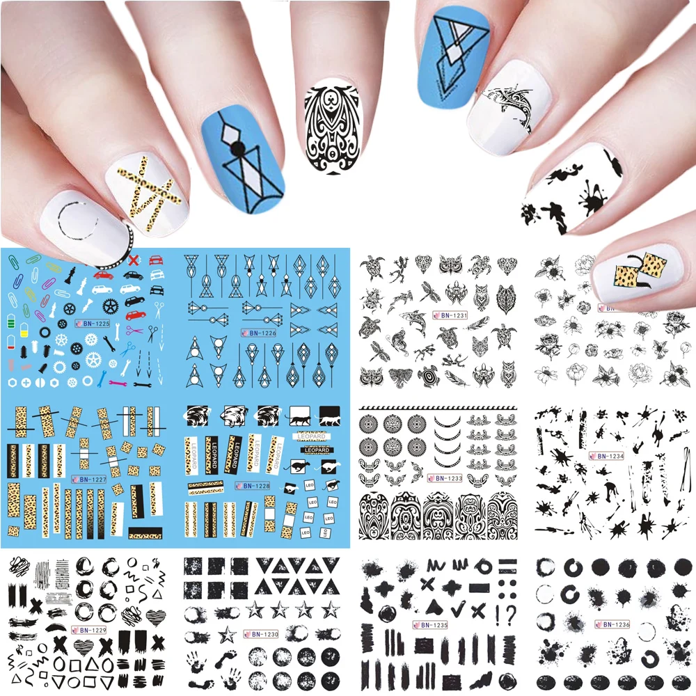 

12pcs Geometric Pattern Nail Sticker Graffiti Water Transfer Decal Ink Slider Flower Owl DIY Nail Art Decorations JIBN1225-1236