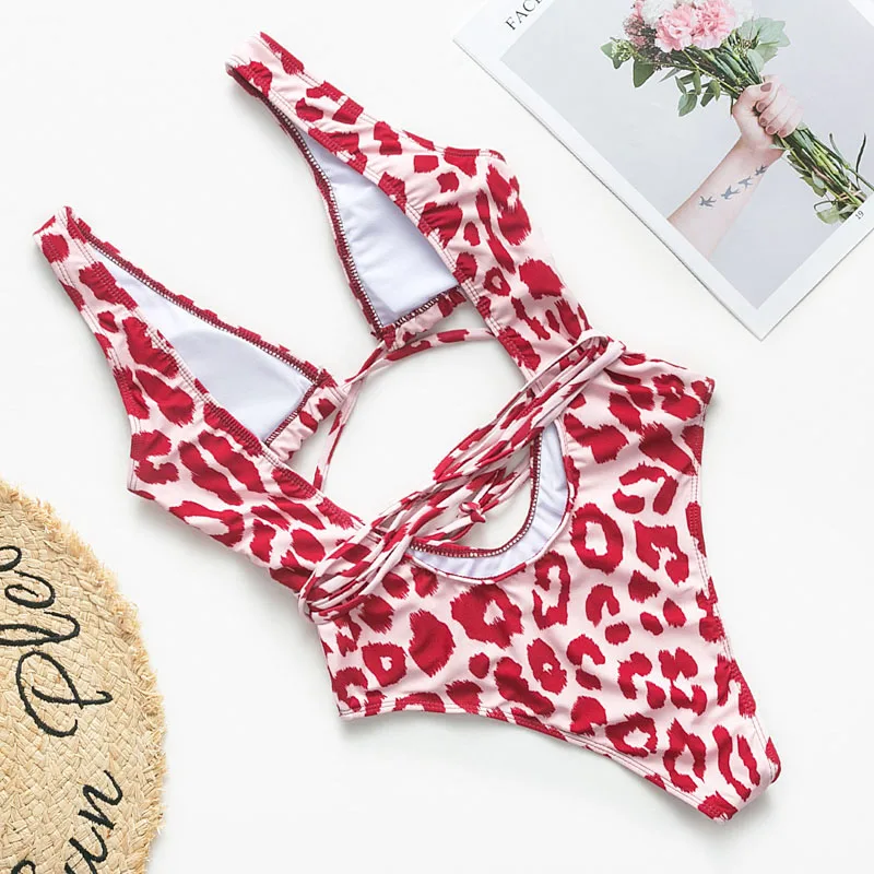 Красный Леопардовый бразильский купальник, сдельный, плюс размер, сексуальное бикини,, пуш-ап, купальник для женщин, монокини, с высокой посадкой, купальный костюм