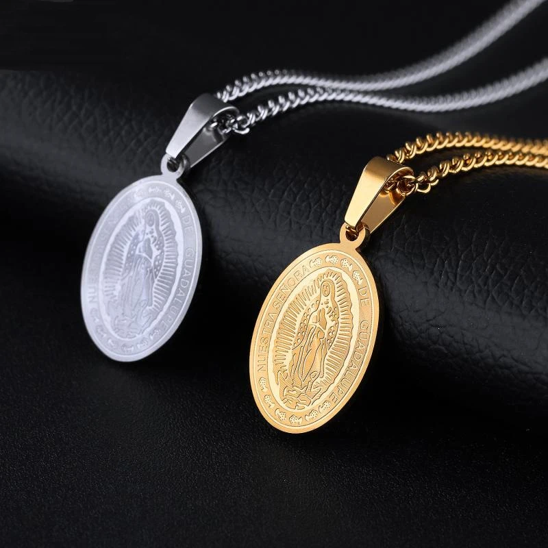 

New Virgin of Guadalupe Pendants Necklace Silver Gold Color Stainless Steel Women Men Fashion Jewelry Gifts Chain Necklaces 2019