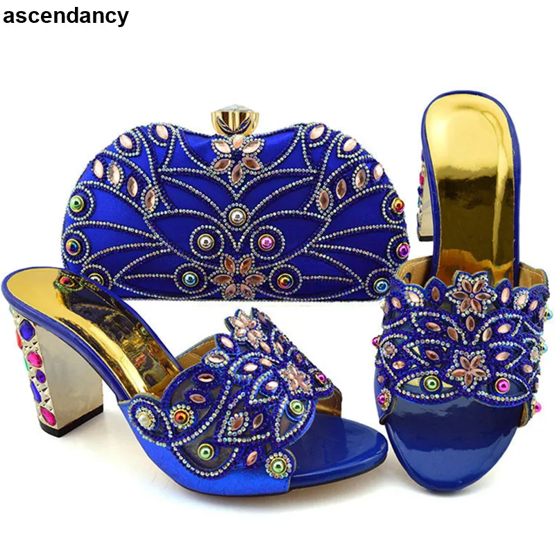 

Latest Ladies Italian Shoes and Bag Set Decorated with Rhinestone Women Shoes and Bag Set In Italy High Heels Open Toe Sandals