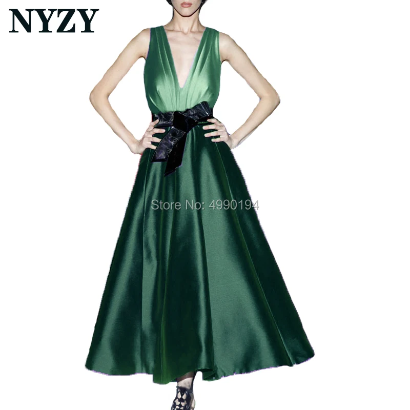 

Emerald Green Short Evening Gown 2019 NYZY C180B V Neck Black Bow Custom Made Dress Party robe de soiree vestidos elegantes