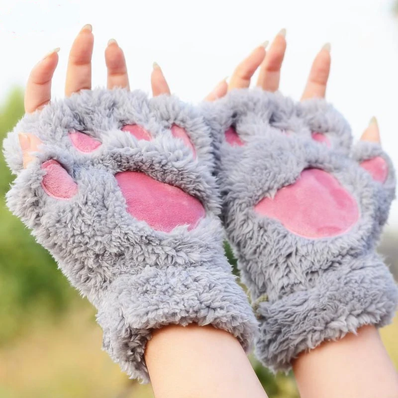 Женские перчатки Harajuku, кошачья лапа с когтями, толстые, Мультяшные, пушистые, на полпальца, Kawaii Harajuku, зимние теплые женские перчатки, милые, для студентов - Цвет: gray