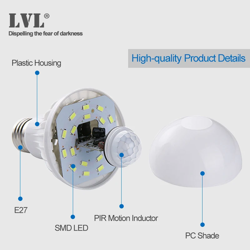 LED движения PIR Сенсор лампы E27 5 W 7 AC 220 V 240 белый 6000 K человеческого тела