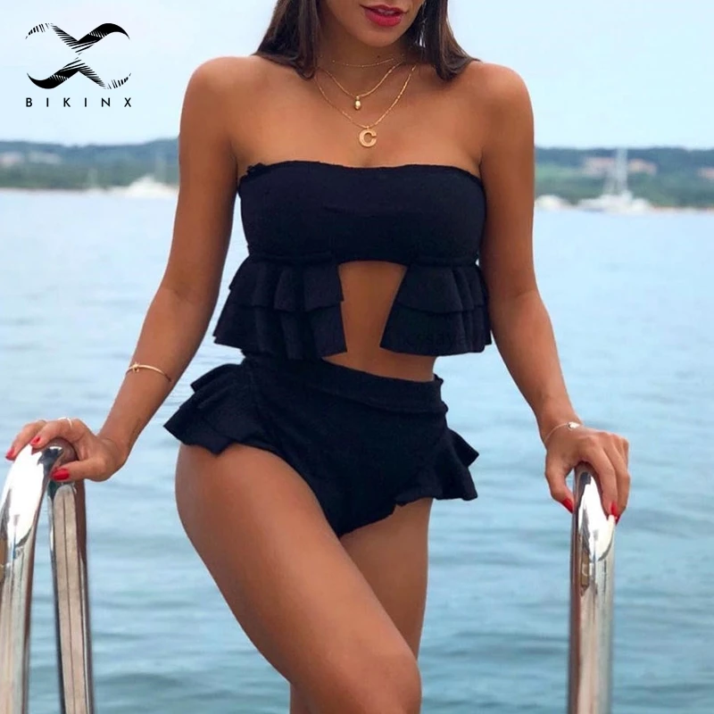 

Bikinx Bandeau sexy swimsuit Push up black swimwear women bathers Ruffles high waist bikinis 2019 mujer bathing suit Summer swim