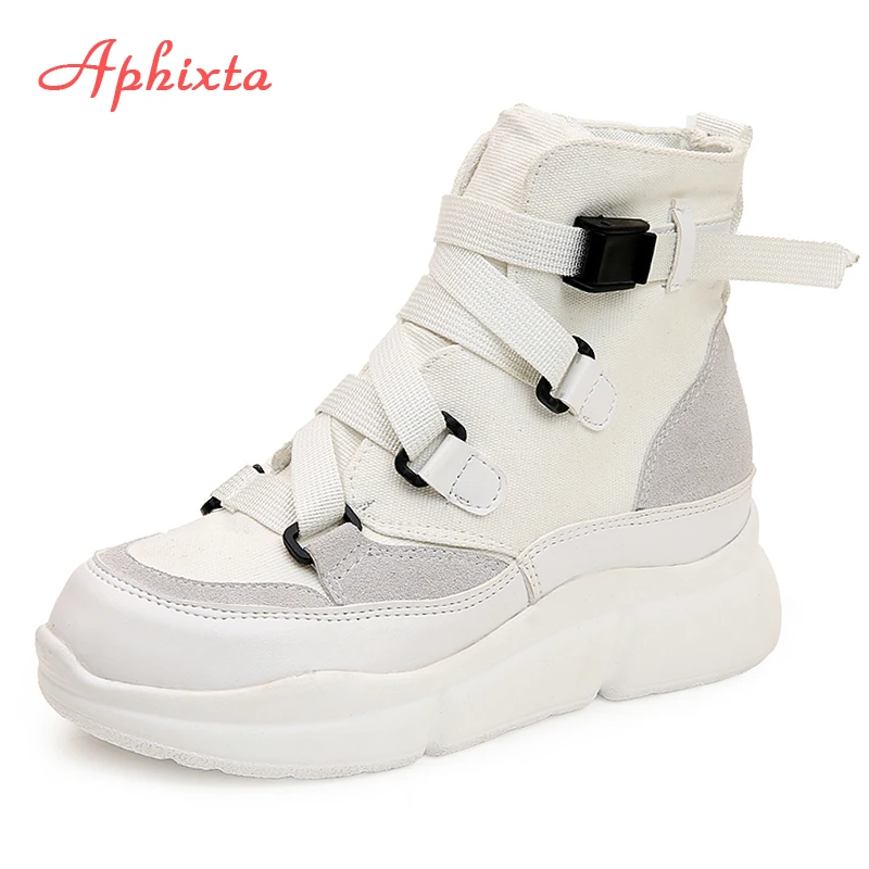 Baratos Aphixta plataforma Martin botas zapatos de lona de las mujeres botas de motocicleta de alta aumento de altura zapatos de mujer zapatos botín mujer