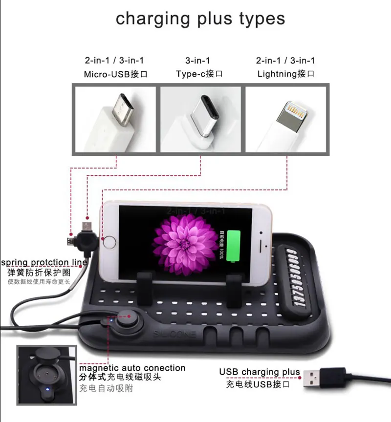 

3 in 1 Universal Silicon Auto Iphone holder Mobile phone Anti-slip Mat for GPS and Phone Charging free shipping&wholesale